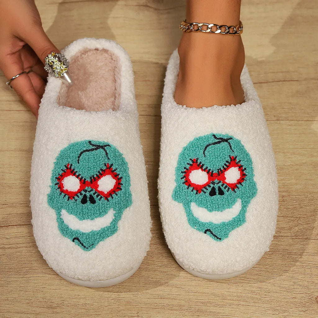 Women's indoor plush thermal cotton slippers with linen upper in Mask Black colour