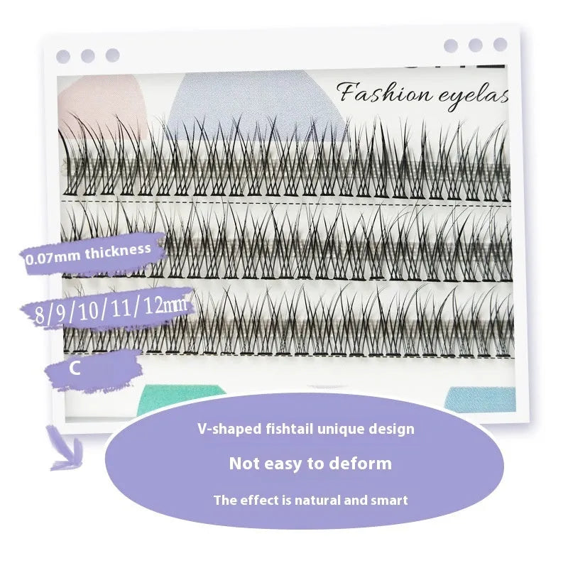 Black V-shaped fairy fishtail false eyelashes showing thick segment design.