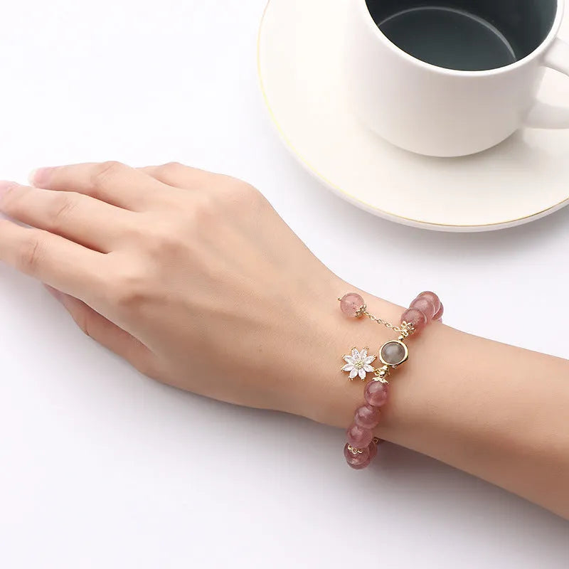 Natural strawberry quartz crystal bracelet with electroplated finish and flower design in mori style