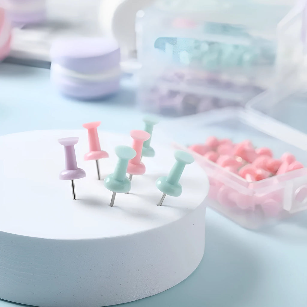 Boxed set of macaron colour plastic push pins in cherry blossom powder, mint green, and lavender, including small and large sizes