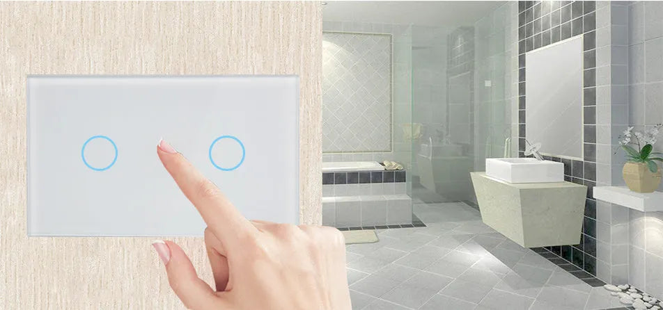 Two-gang tempered glass touch light switch with RF remote control in white, black or gold finish