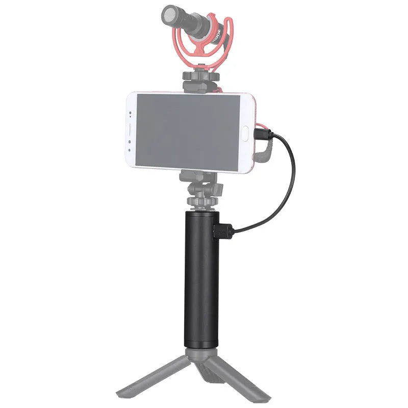 Black aluminium alloy charging treasure handle power bank measuring 12.5cm with 6800mAh capacity