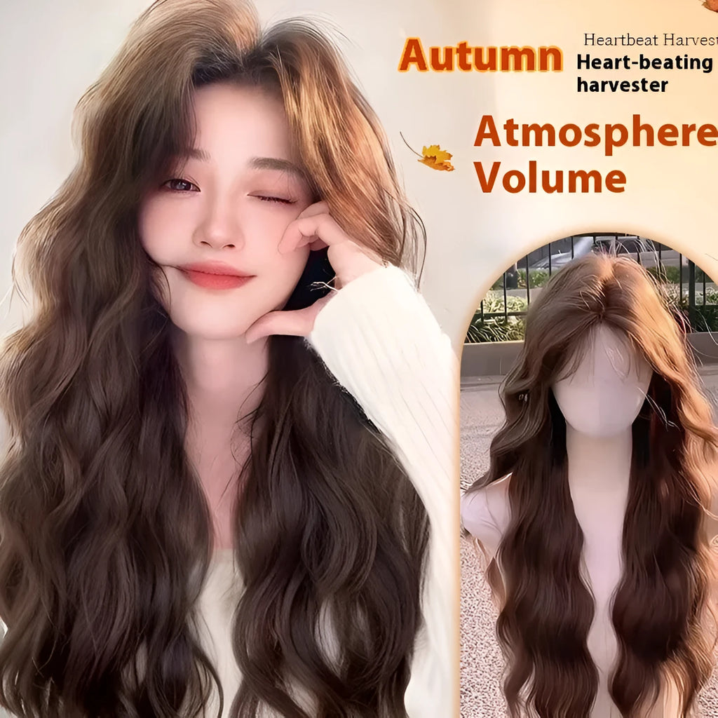 Female full-head wig with natural long curly hair and side bangs in high temperature fibre, Brown Black colour