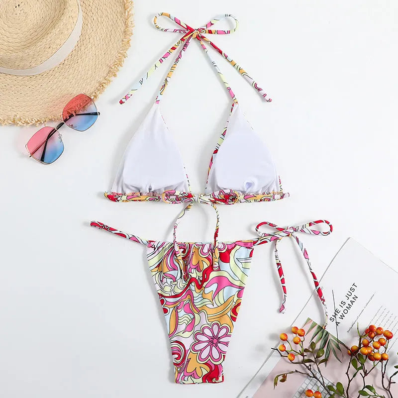 Triangle Printed Bikini for Women with Separate System and Hanging Neck Swimsuit, Polyester Fabric, Available in S M L, Multicolor Pattern for Beach and Pool Wear