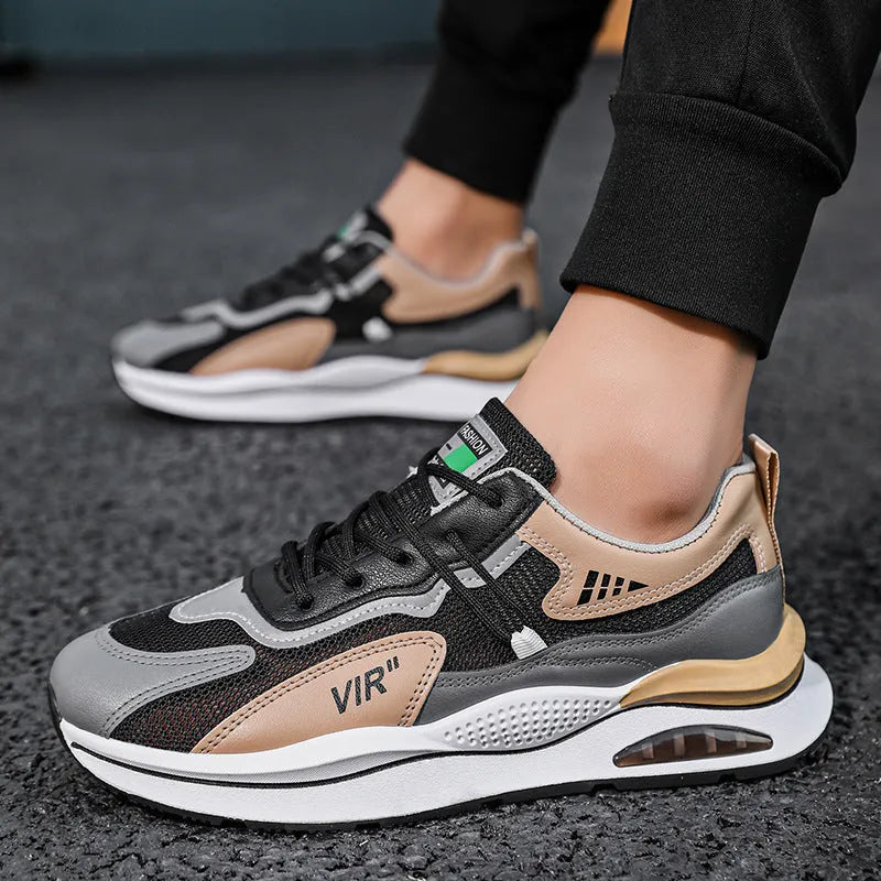 Men's gray breathable mesh running shoes with round toe and EVA sole for jogging