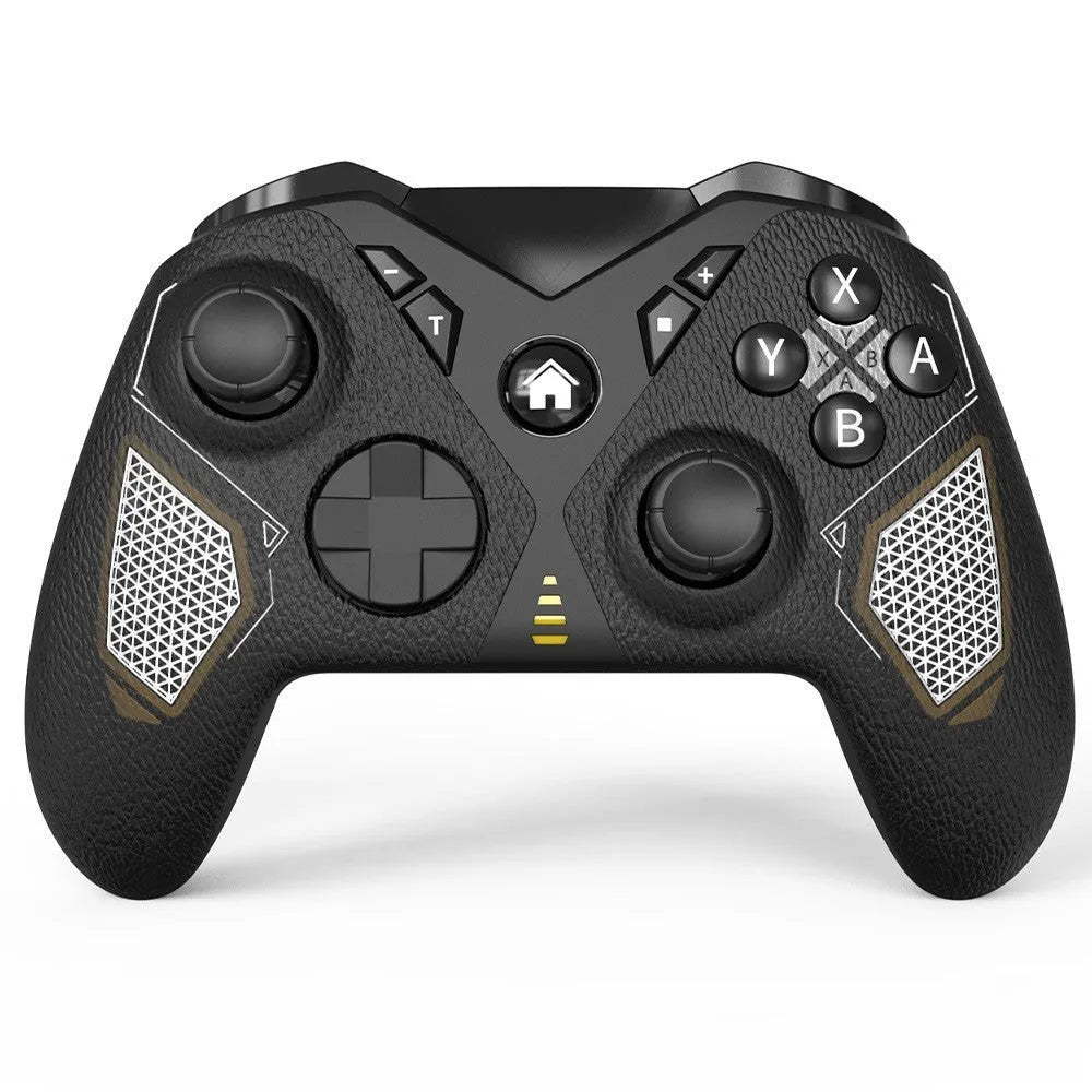Black wireless game controller with textured grip for Nintendo, smartphone, and PC use