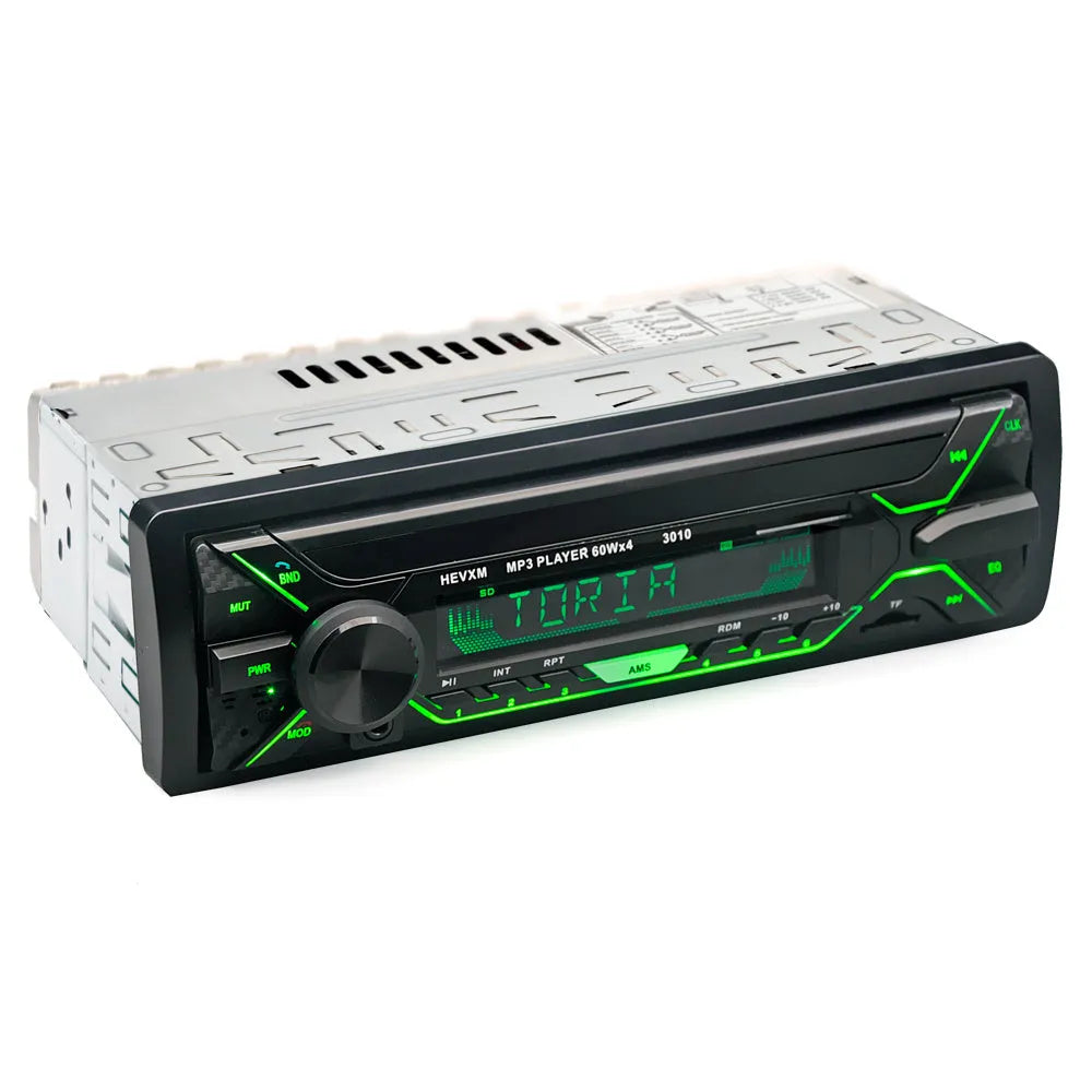 Car radio MP3 player with Bluetooth, USB slot, AUX input, and LCD display panel for 12V vehicles