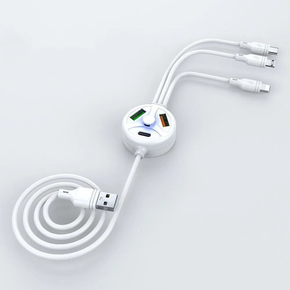 PDPVC mobile phone charging cable with three connector types showing USB, Micro USB and TYPE-C interfaces