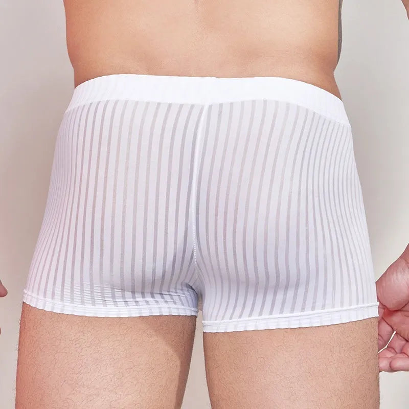 Men's striped underwear in thin nylon fabric, shown in black, dark grey, and white colours.