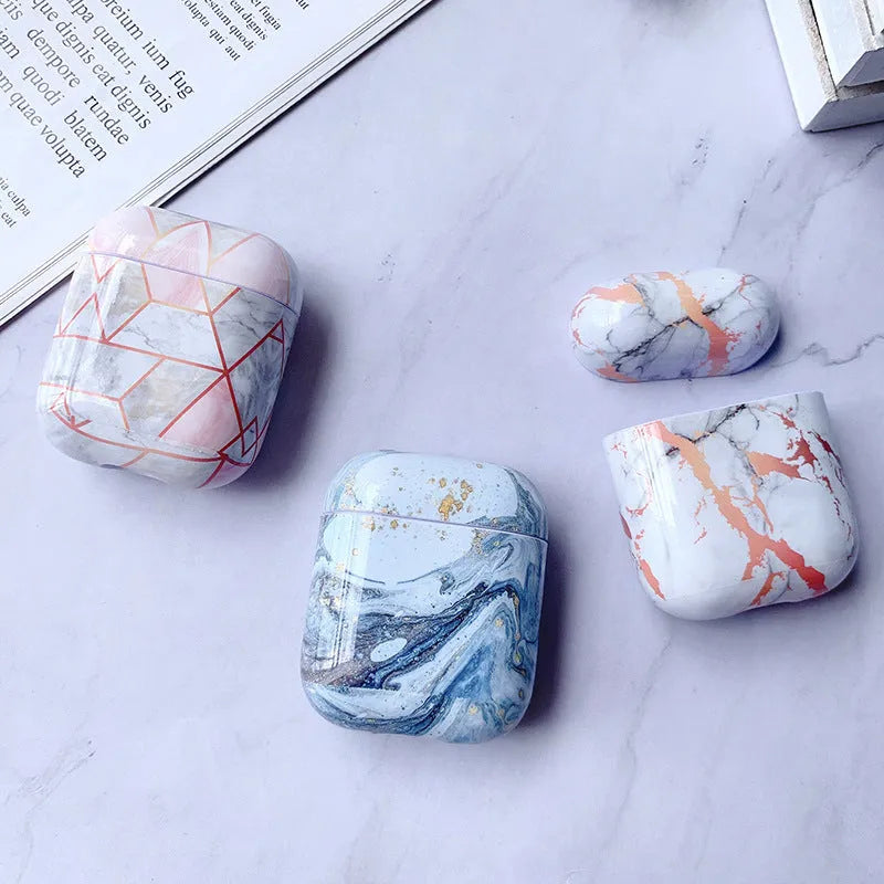 White Marble hard plastic protective case for Apple AirPods 1 and AirPods 2 wireless headset.