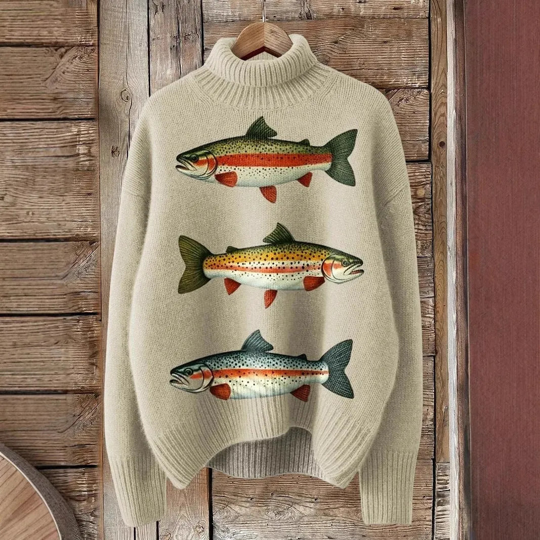 Women's loose fit Christmas printed turtleneck sweater in polyester fabric with painting pattern