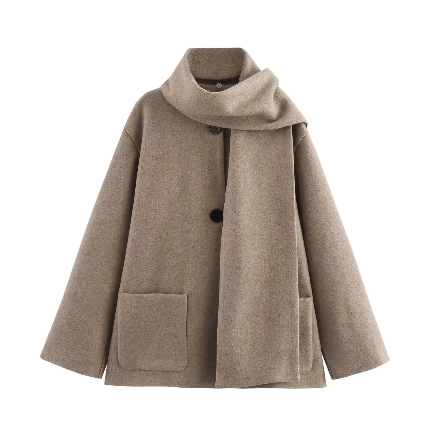 Women's long camel coat with a detachable artificial fur collar in a street fashion style.