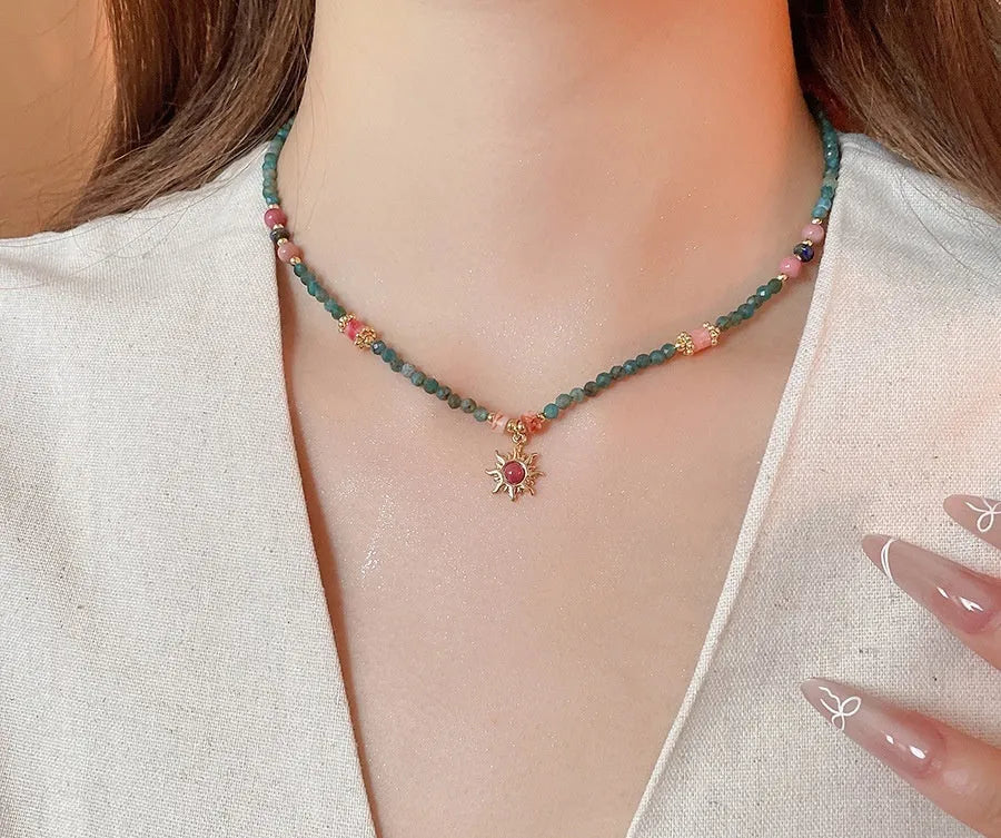 Stone sun pendant freshwater pearl necklace with adjustable clavicle chain in French court style