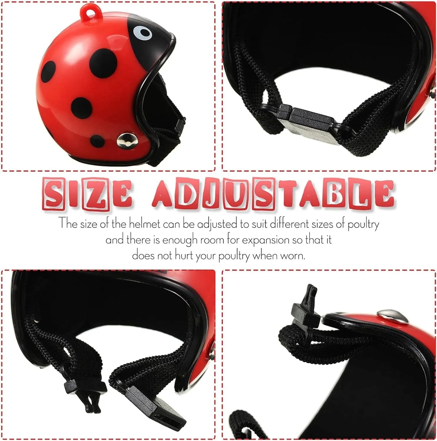 Adjustable hard plastic chicken helmet with sponge lining, elastic bands, and colourful options for small birds and poultry.