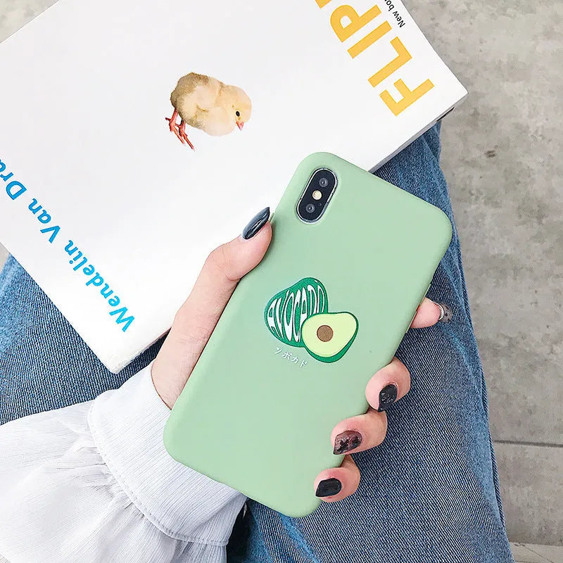 Green avocado cartoon design on a flexible black TPU phone case for iPhones and Android.