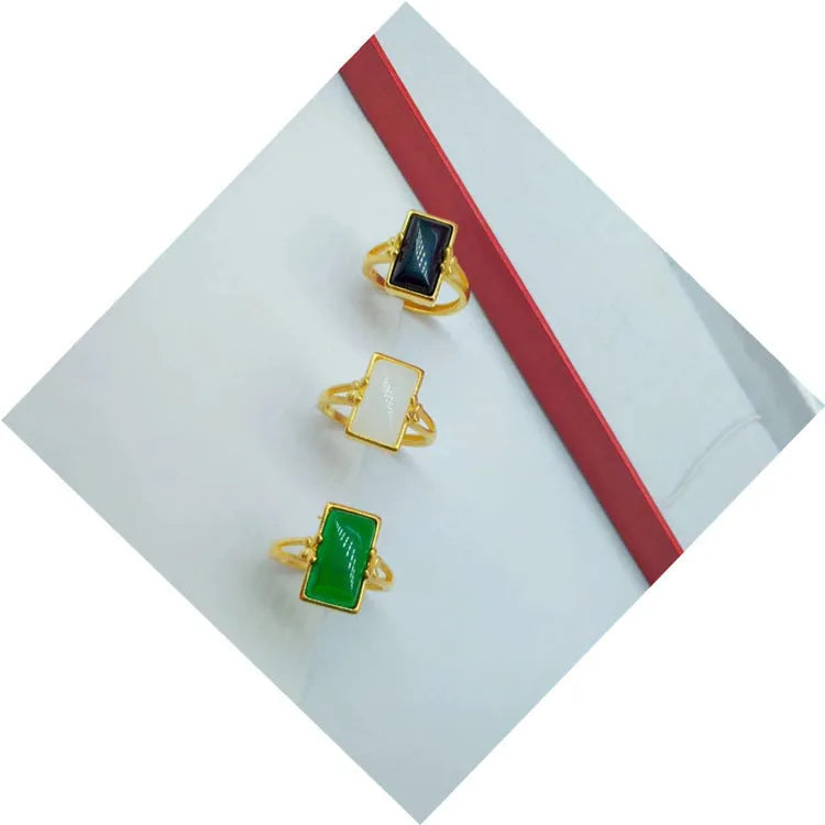 Adjustable national style brass gold-plated ring with gemstone inlay in black, green or white options