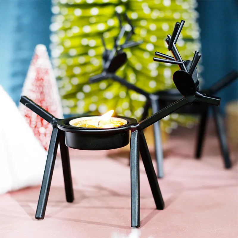 Black iron Christmas deer candlestick holder with Santa Claus and snowman decoration