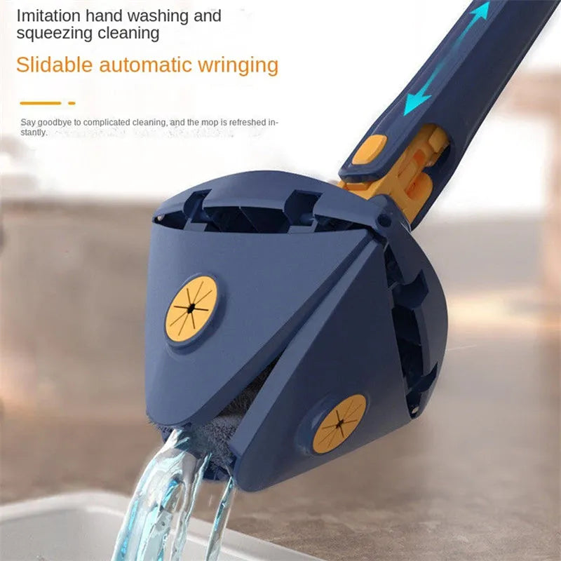 Blue extendable triangle cleaning mop with 360-degree rotating head and stainless steel pole
