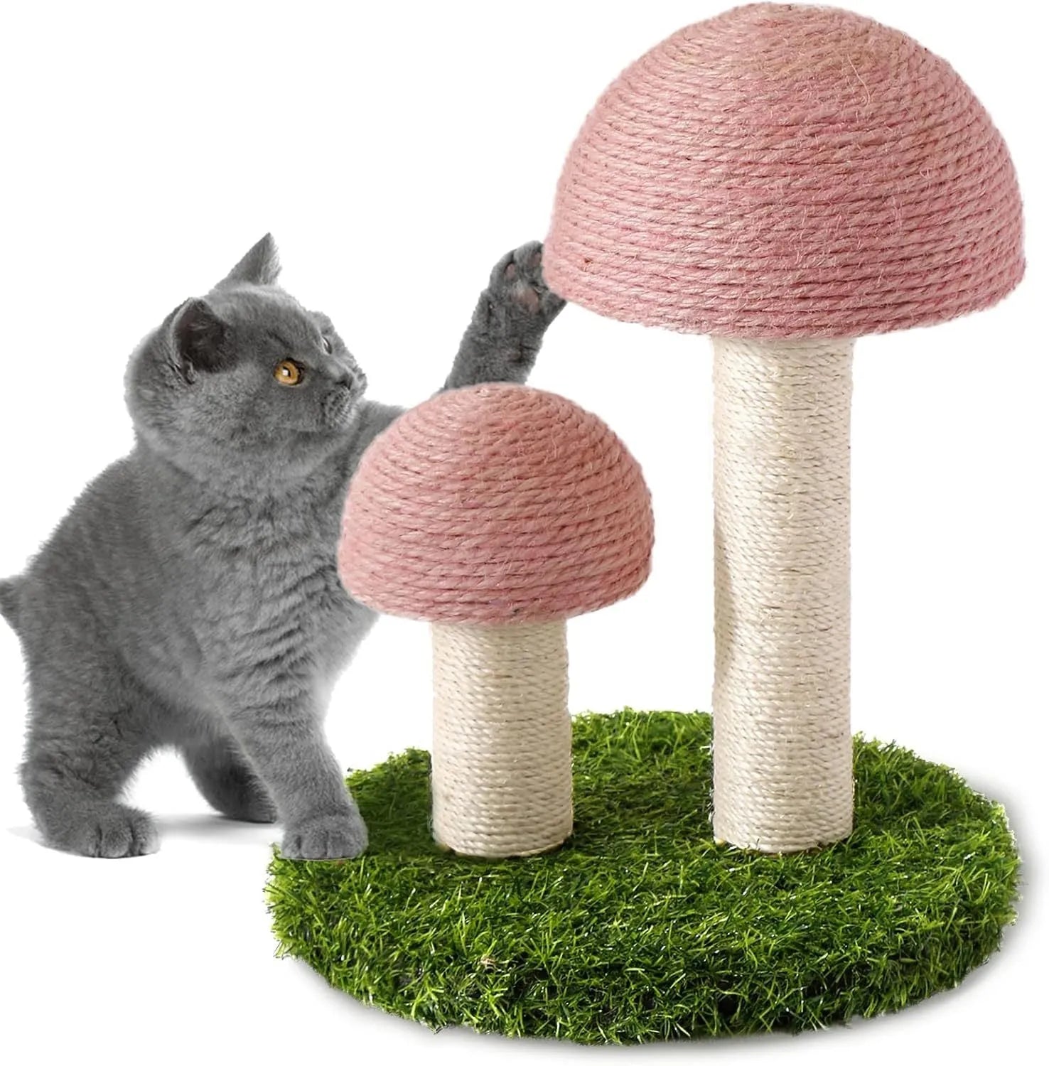 Pink mushroom-shaped cat scratching post with natural sisal caps and pole for kittens