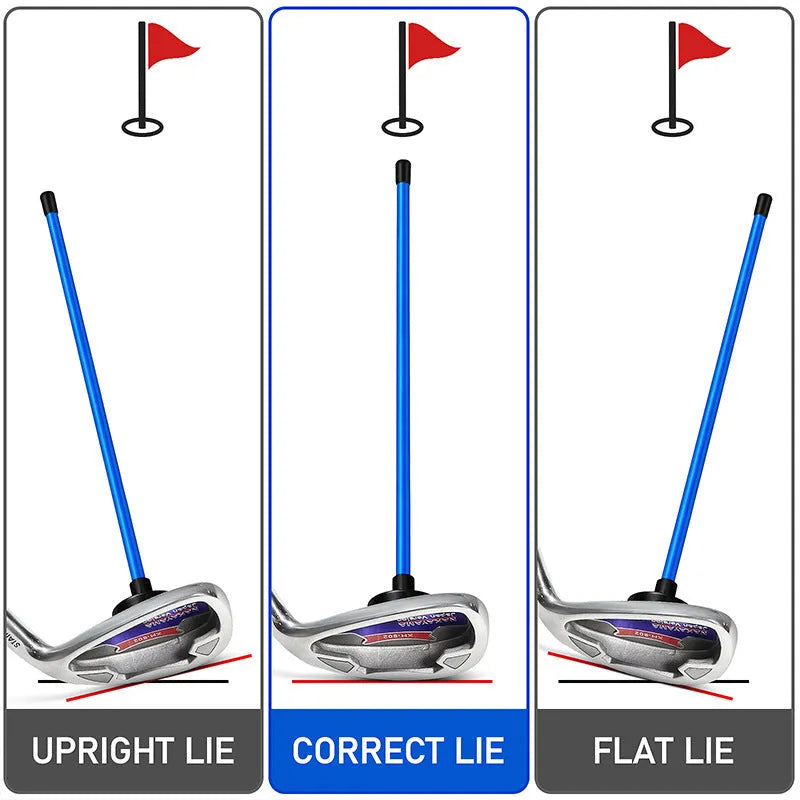 Red and blue aluminium alloy golf swing trainer with magnetic direction bar.