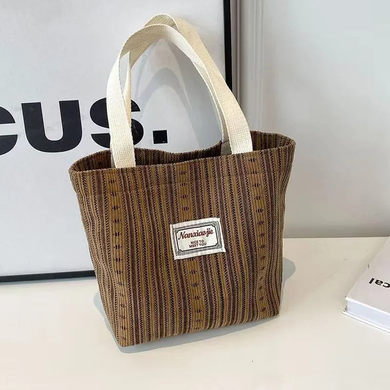 Japanese style corduroy handbag with adjustable strap in ivory white, grey, or dark brown colour
