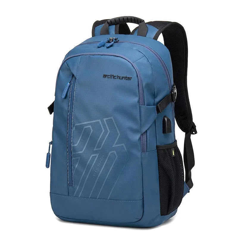 Blue plaid patterned 18 inch casual polyester laptop backpack with curved shoulder strap
