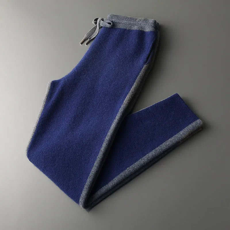 Men's navy blue cashmere wool blend winter sports cardigan suit with zipper front and matching trousers