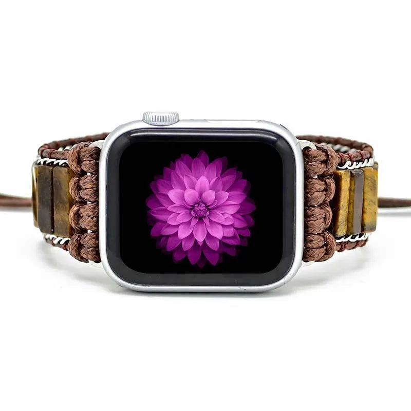 Men's textile watch strap with rectangular tiger eye stone centrepiece, adjustable length for 38-41mm and 42-45mm watches