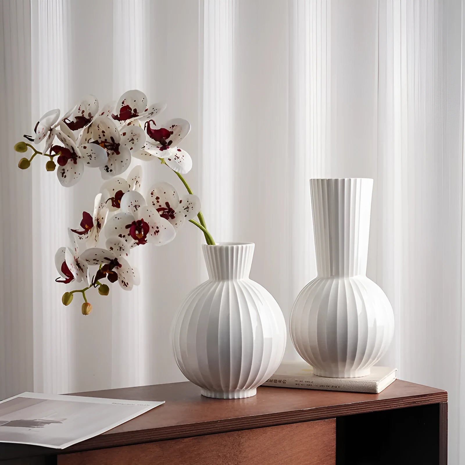 Ceramic ball striped vase in American country style with six design variations on wooden table