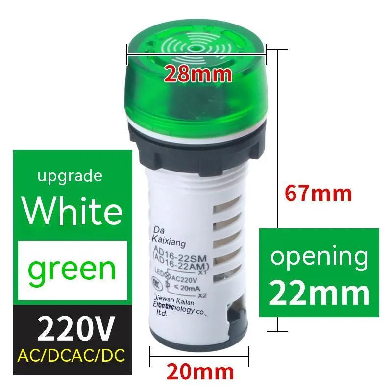 Red, green, and yellow LED flashing sound and light buzzers for 22mm panel mounting.
