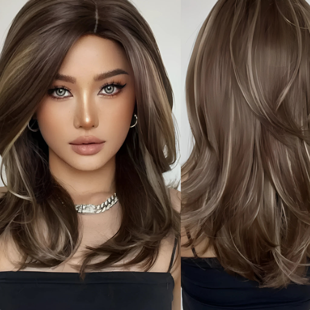 Mid-length full-head wig with long curly hair, bangs, and platinum gradient colour