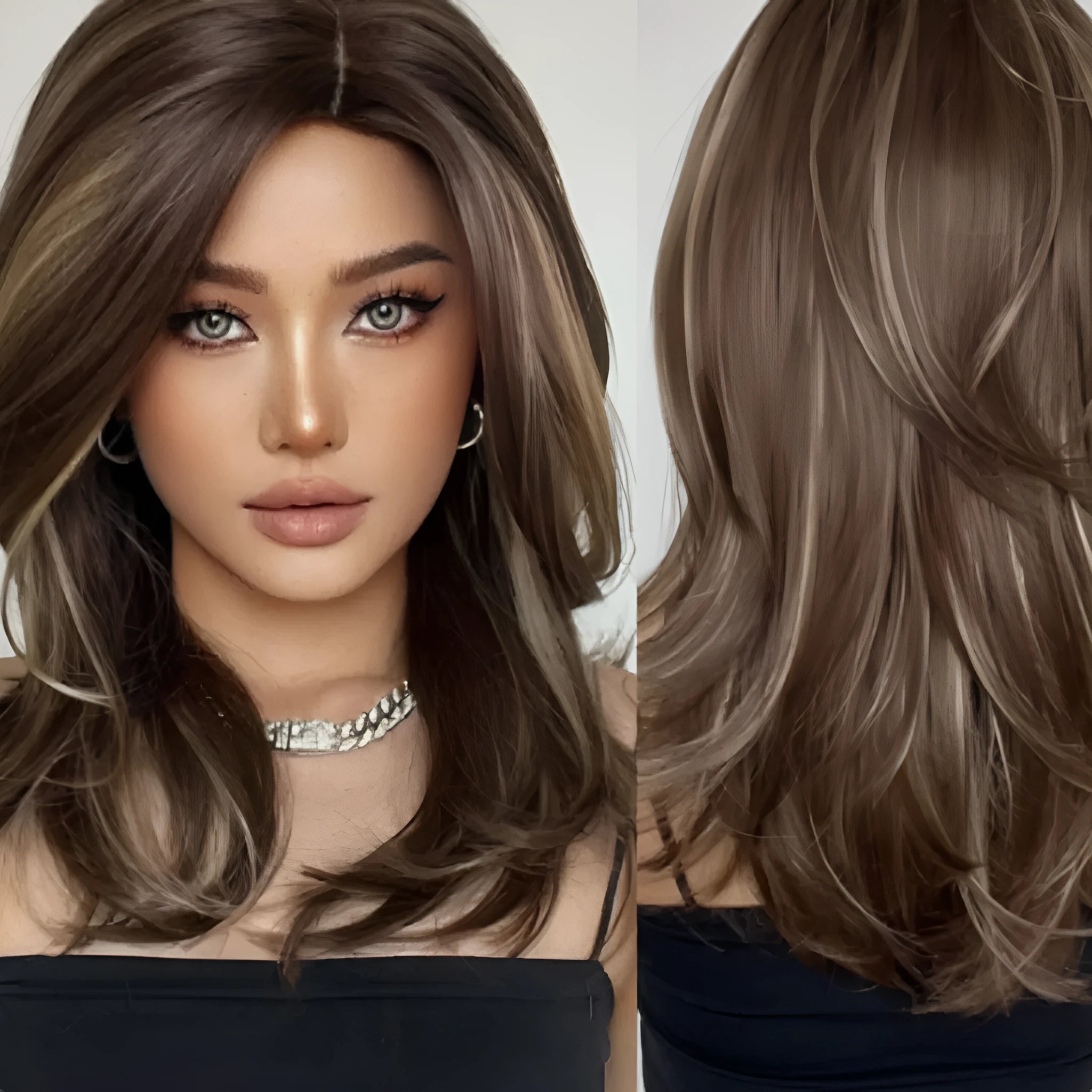 Mid-length full-head wig with long curly hair, bangs, and platinum gradient colour