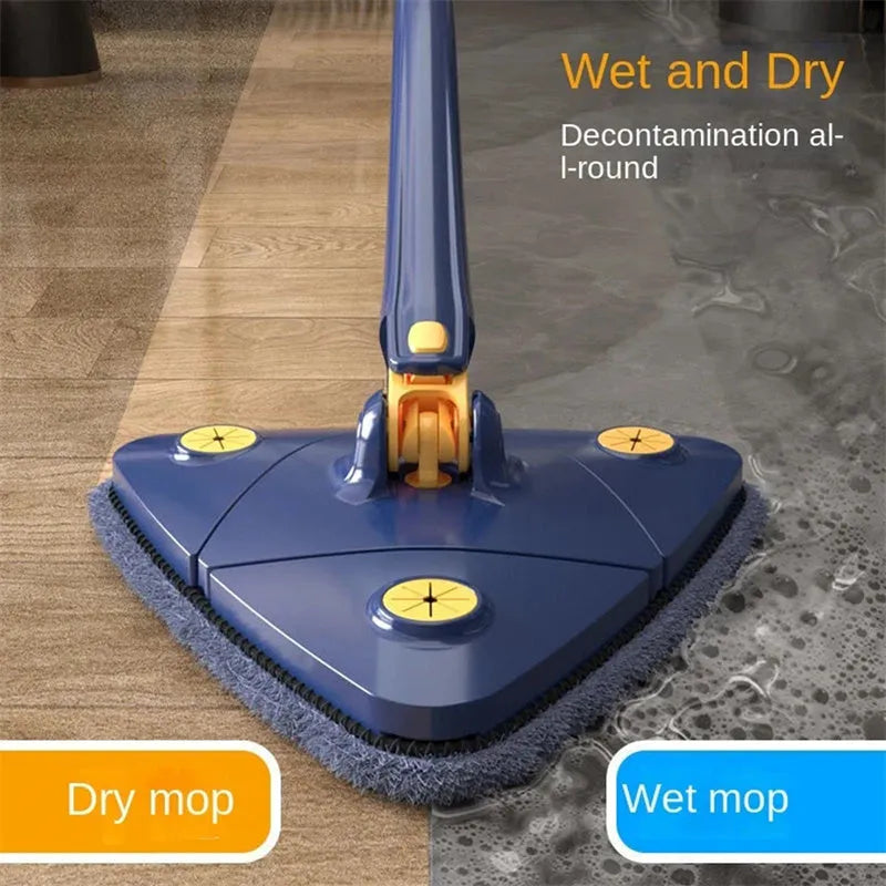 Blue extendable triangle cleaning mop with 360-degree rotating head and stainless steel pole