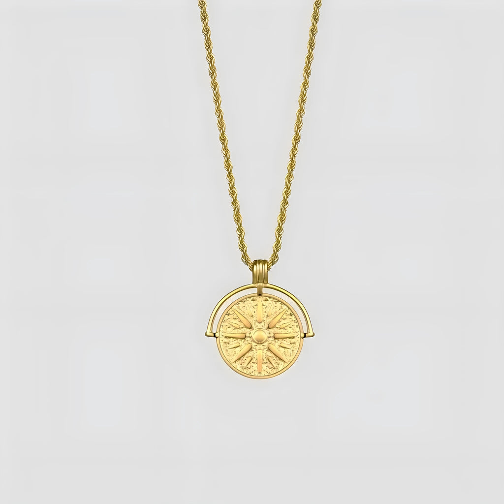 Stainless steel sunflower pendant necklace with geometric embossed design on hemp flowers chain