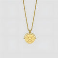 Stainless steel sunflower pendant necklace with geometric embossed design on hemp flowers chain