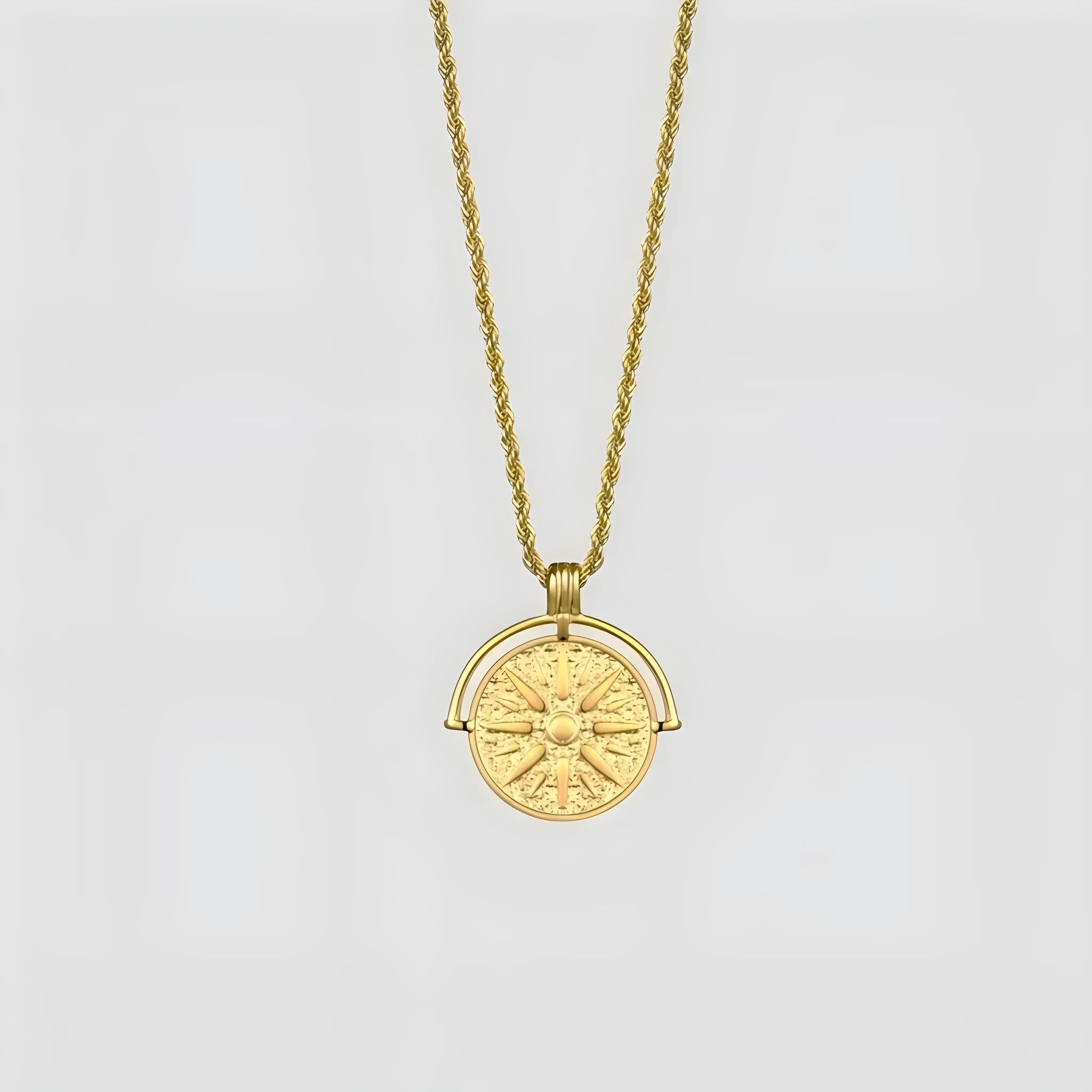 Stainless steel sunflower pendant necklace with geometric embossed design on hemp flowers chain