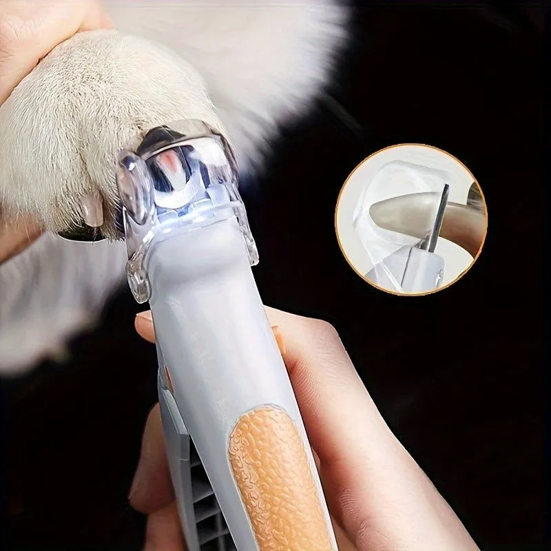 Yellow LED pet nail trimmer with magnifying glass nail catcher and steel blades for cats and dogs