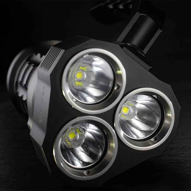 Aluminium alloy diving torch flashlight with 500m range and waterproof housing.