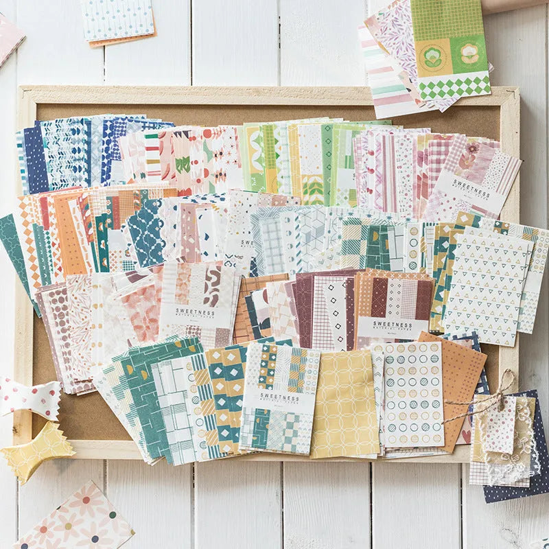 Retro collage dessert-themed note papers in ten colours showing 56x83mm size
