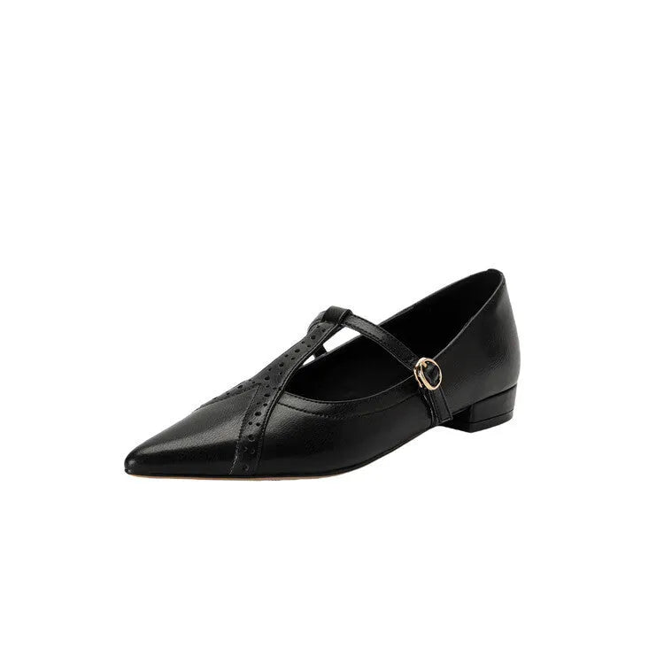 Women's brown cowhide leather low-cut flat shoes with round toe and mid heel