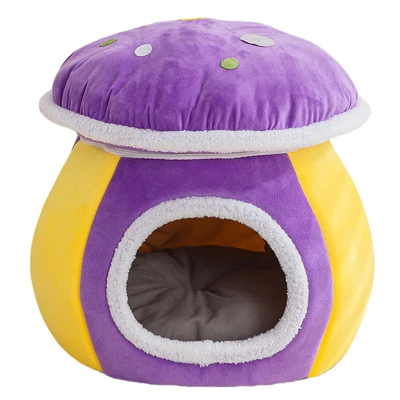 Mushroom-shaped grey plush cat bed with enclosed nest design.