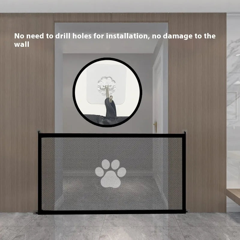Portable folding dog barrier net fence with pet doorsill in black dog footprint design