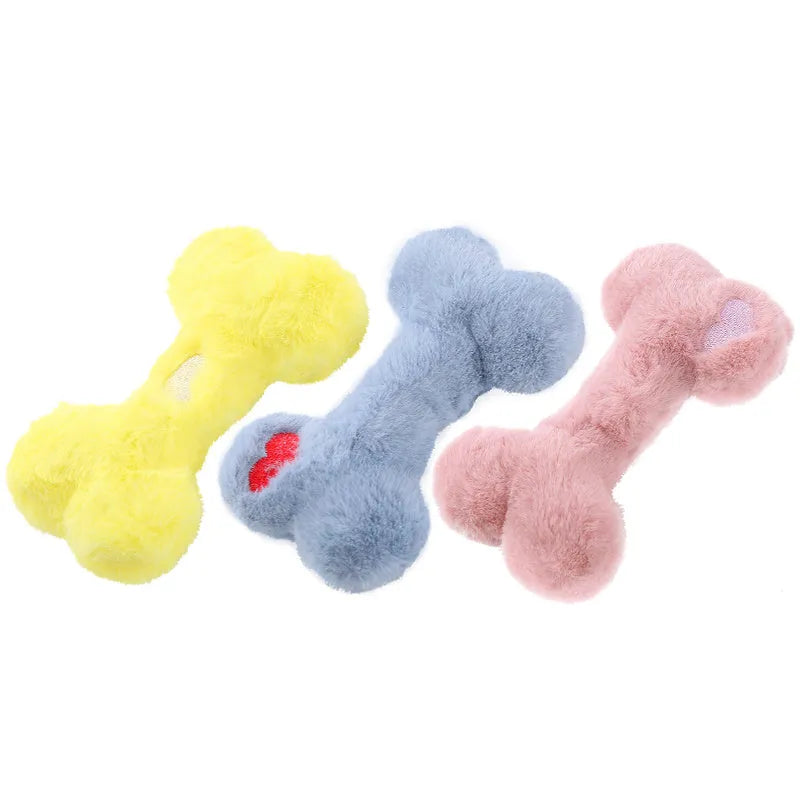 Blue plush bone-shaped dog toy with a squeaker for interactive pet play.