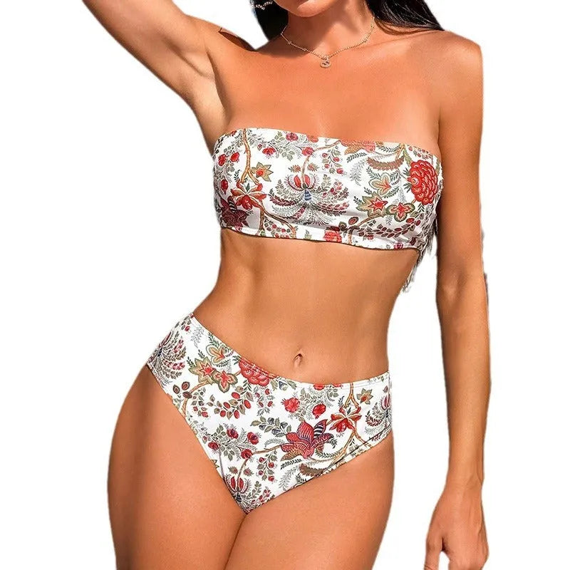 Women's printed bandeau swimsuit top and matching bikini shorts set on a white background