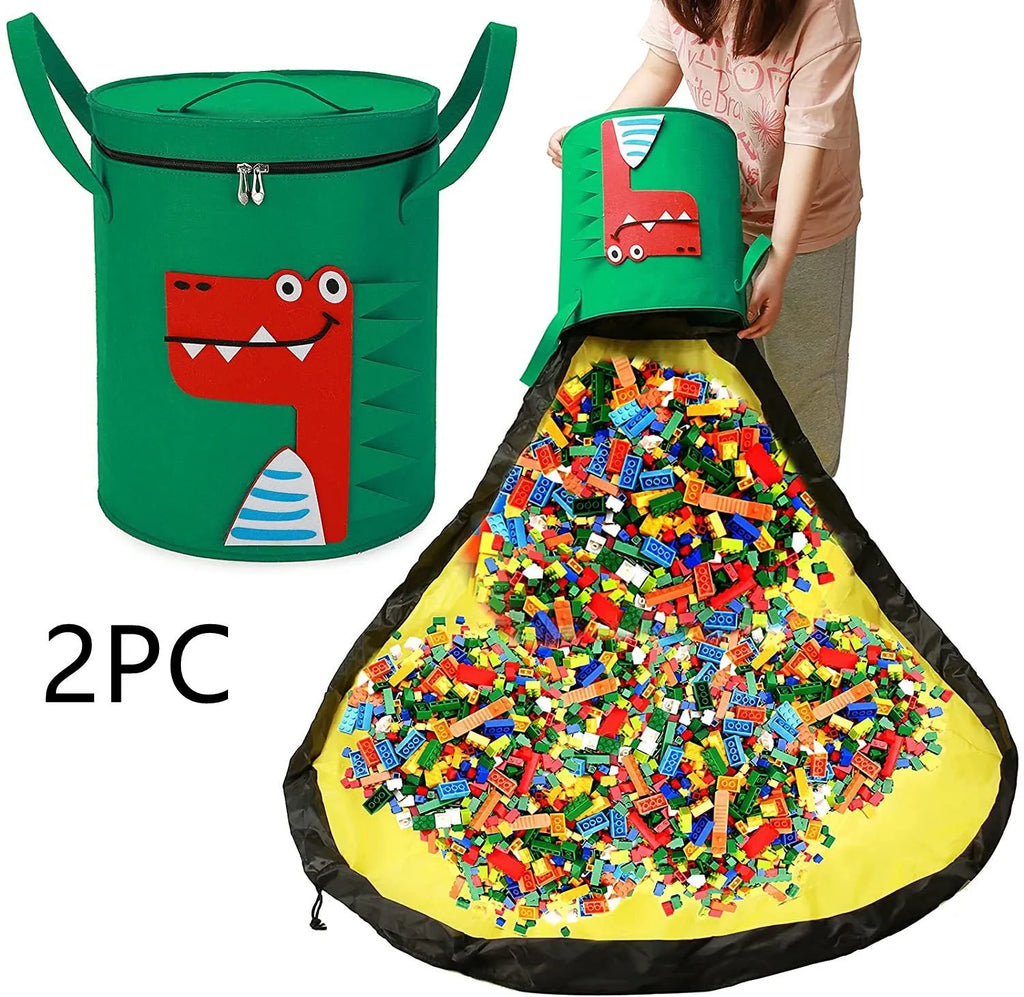 Green felt cube storage bag with pull rope that converts to flat play mat for toy organisation