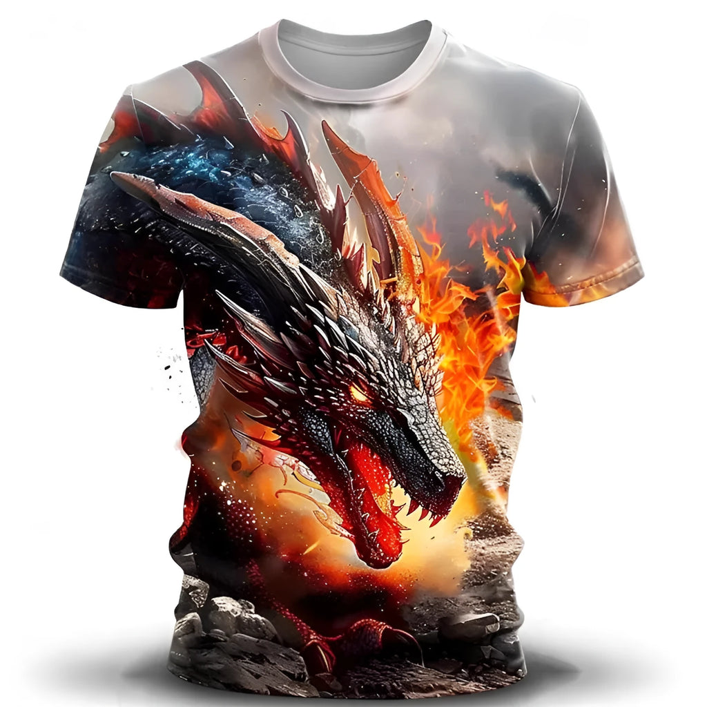 Men's grey T-shirt with a large blue and white 3D wind dragon print across the chest.
