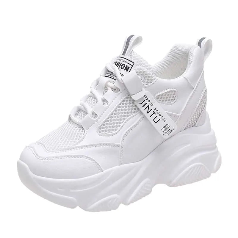 Women's black mesh platform casual shoes with hollow-out design and TPR sole