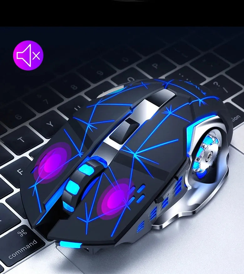 Black wireless charging silent mouse with six buttons beside a laptop