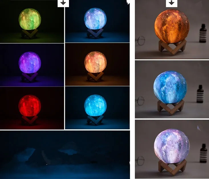 3D printed spherical lunar night light with multi-colour LED glow on a dark surface.