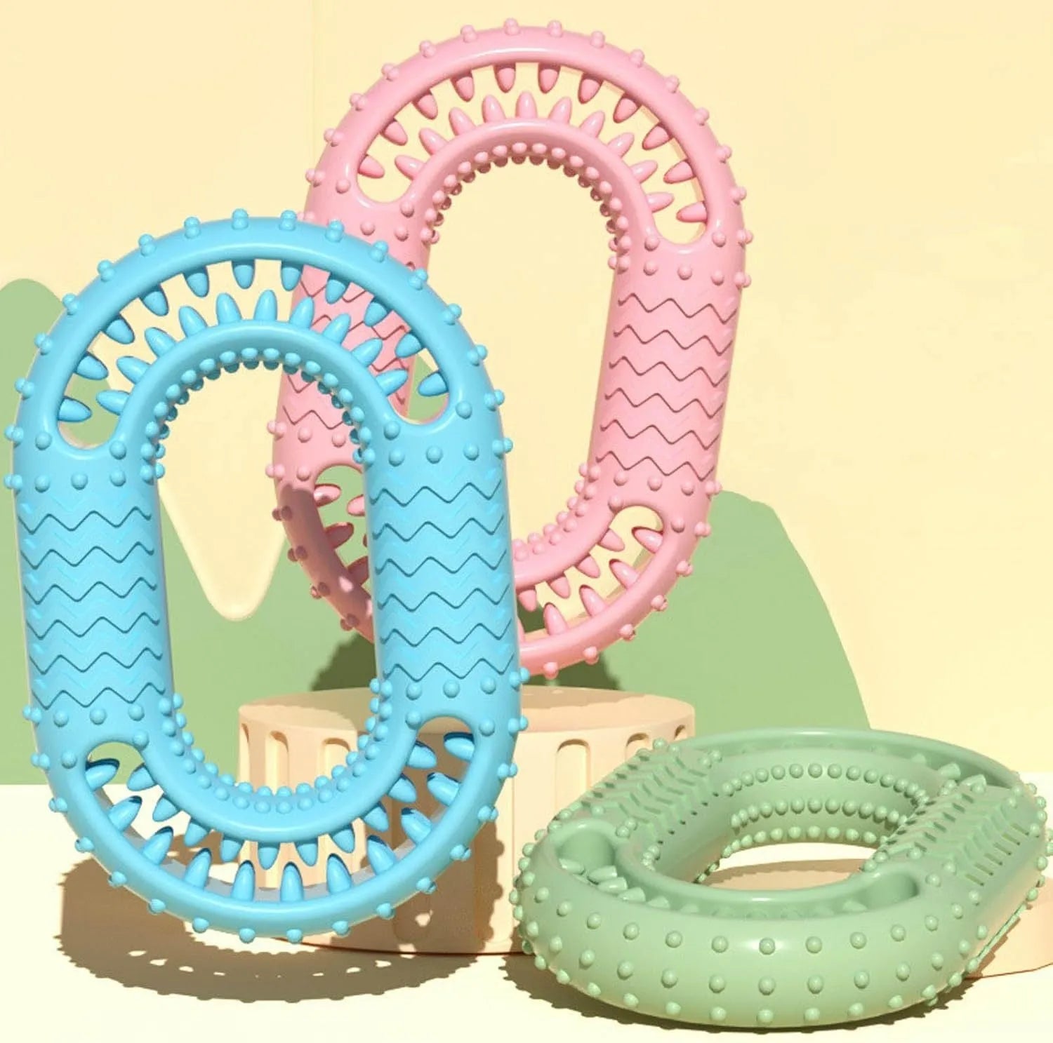 Blue green pink O-ring dog chew toy for aggressive chewers, 12.5cm diameter heavy-duty dental toy